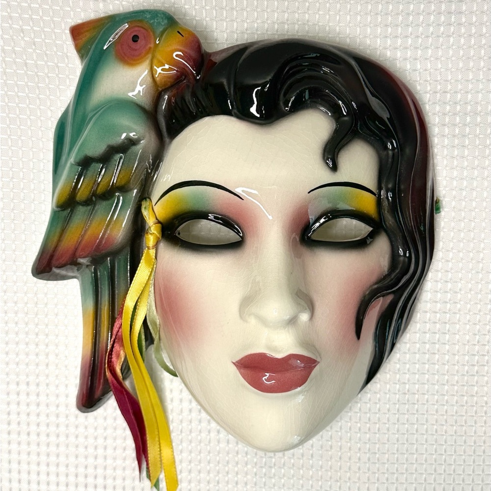 SOLD Vintage 1980s Clay Art San Francisco Ceramic Wall Mask Woman Parrot Bird